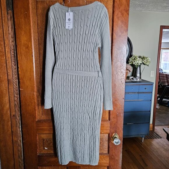 NWT MEROKEETY Green Ribbed Knit Midi Sweater Dress Women's Small | Cozy Pullover - Picture 2 of 9